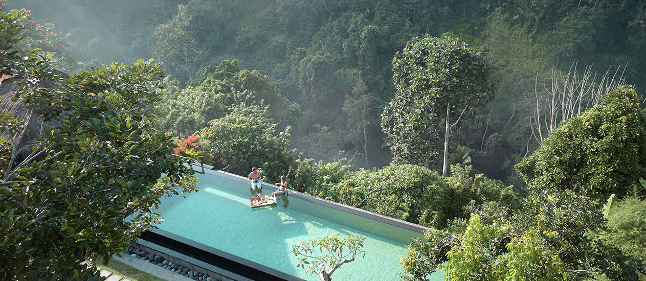 Floating Breakfast Experience at Awana Pool and Lounge overlooking valley view at Kamandalu Ubud, Bali